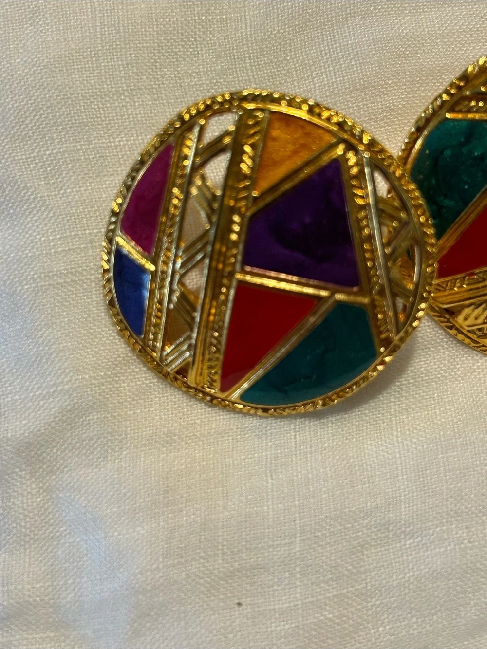Vintage Bernie -Inspired Gold Multicolor Enamel Round Earrings